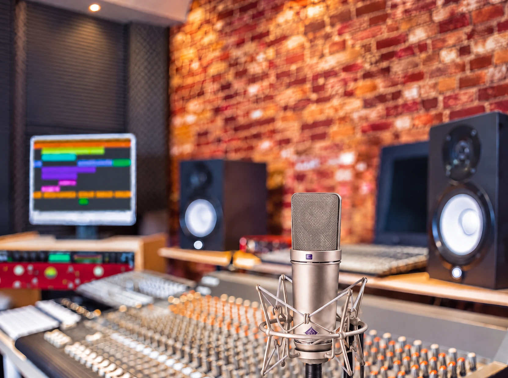 Upright studio microphone in its suspension beside an audio mixing console.