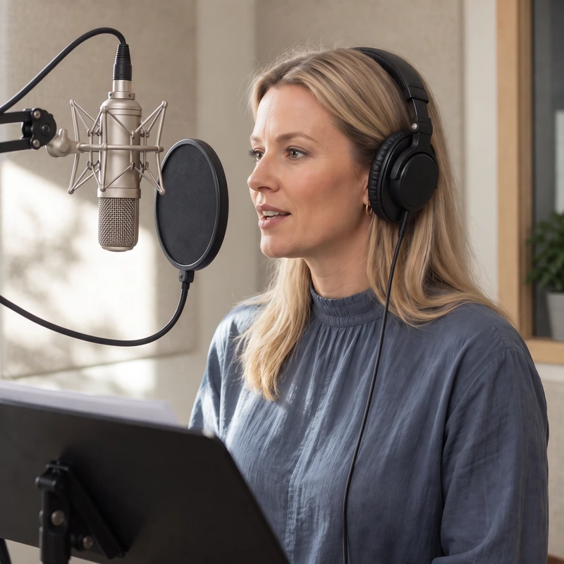 Female voice talent reading a script while recording at a studio microphone.