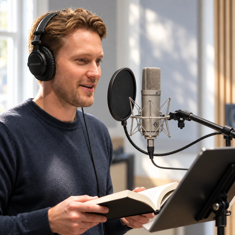 Male voice talent reading a book while recording at a studio microphone.