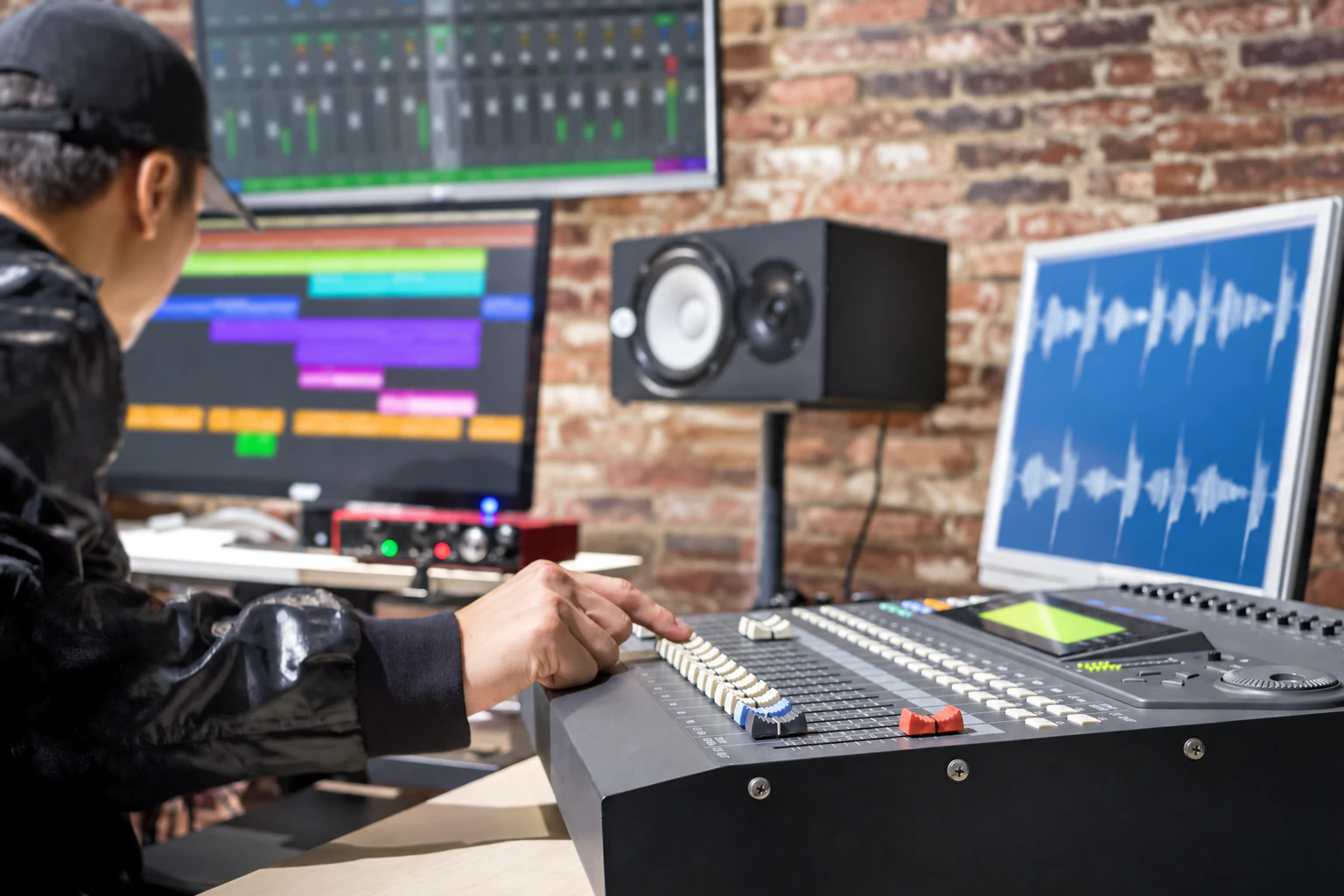 Audio engineer working at a mixing console in a recording studio.